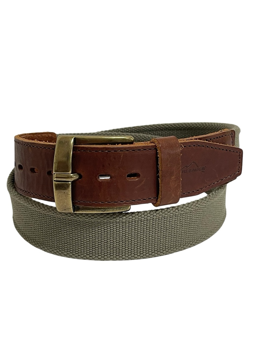 Vintage Eddie Bauer Khaki Canvas Belt Brown Leather Trim Preppy Neutral Men 40